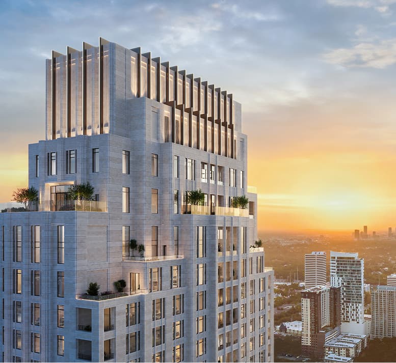 Tall modern building rendered at sunset with vertical architectural fins at the top, large windows and balconies on the floors below, and a city skyline visible in the distance.