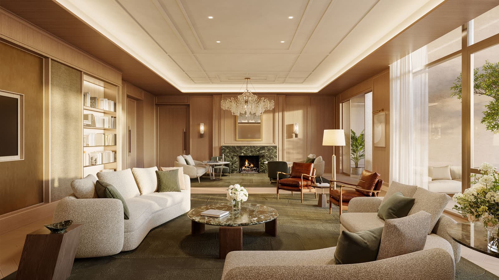 Elegant residential lounge with contemporary seating, wood finishes, and large windows offering city views, located on the 18th floor of The Ritz-Carlton Residences, Houston.